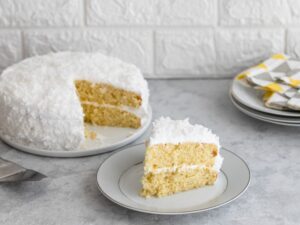 Deliciously layered coconut cake vape juice in a plate