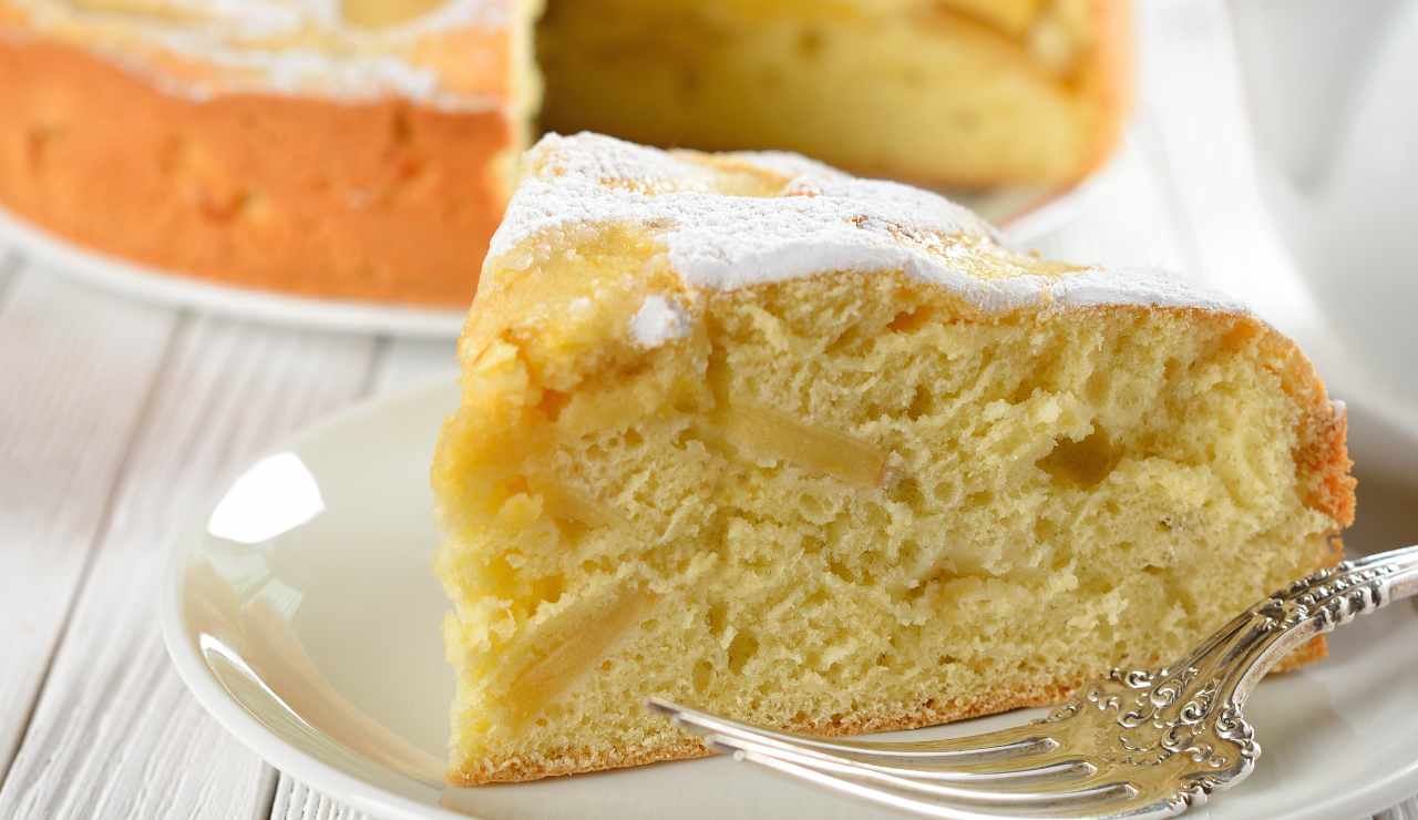 Easy-to-make 2 ingredient apple cloud cake on a serving plate with a fork